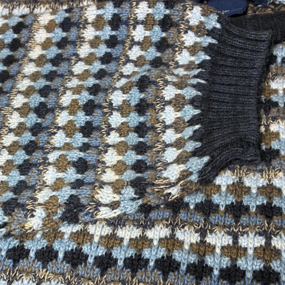 Geometric Knit Cotton Crewneck Sweater Alan Flusser Blue Brown Mens M